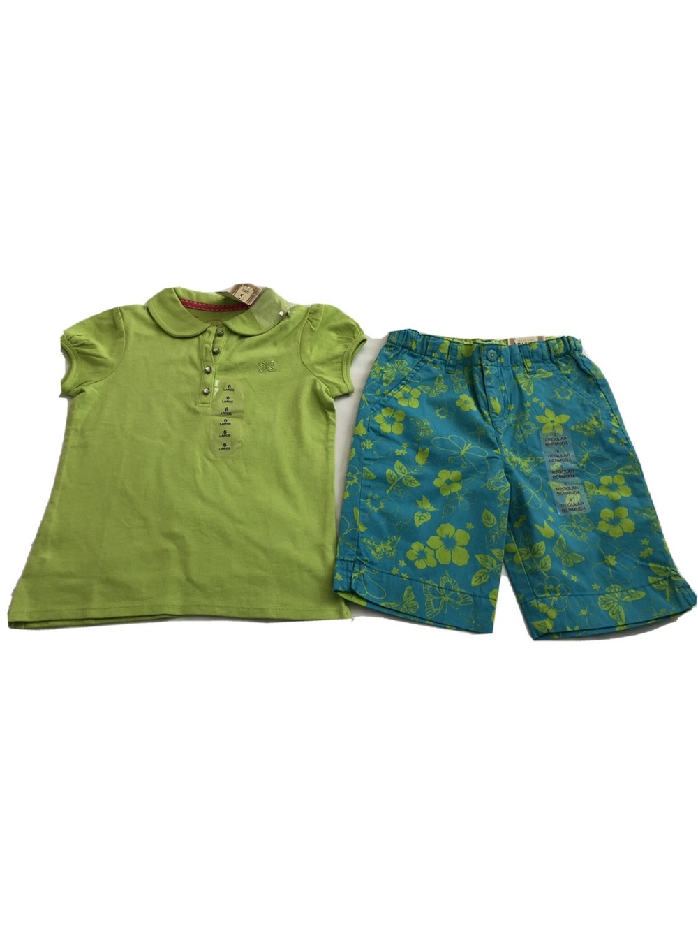Arizona Jean Co. Aqua Hawaiian Bermuda Shorts & Green Polo Top Size 6